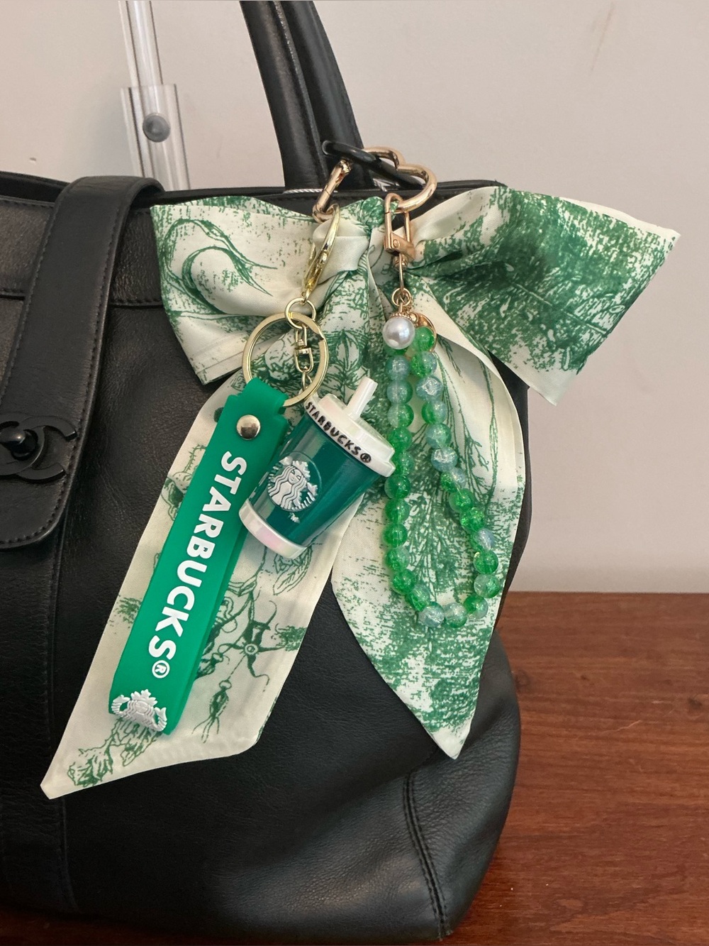 Coffee Bar Green & Cream Scarf Keychain Set with Beaded Tassel